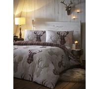 DE CAMA, Set Copripiumino Matrimoniale, Motivo Tartan con Cervi, Colore: Neutro/Marrone, 1 pezzo