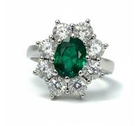 De Santis Gioielleri Anello Donna Margherita Argento 925 Rodiato | Anello con Zircone Ovale Color Smeraldo e Contorno Brillanti | Stile Halo Principessa, Misura Regolabile, Anallergico