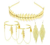 Dea Greca Costume Accessori Set, Corona di foglie romane, Corona Dea Tiara, Corona di Foglie d'Oro, Bracciali Foglia, Orecchini Foglia Oro Perla, Corona Alloro Tiara Dorata, per Feste di Matrimonio