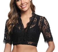 DeaAmyGline Camicetta tradizionale Dirndl da donna, in pizzo, colore bianco, nero, con scollo a V, a mezza manica, moderna, elegante per Oktoberfest, Nero , L
