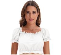 DeaAmyGline Dirndl Camicetta da donna moderna Dirndl a maniche corte, maniche a sbuffo, girocollo, camicetta tradizionale bavarese, elegante Dirndl camicetta per Oktoberfest, bianco, S