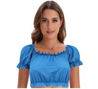 DeaAmyGline Dirndl Camicetta da donna moderna Dirndl a maniche corte, maniche a sbuffo, girocollo, camicetta tradizionale bavarese, elegante Dirndl camicetta per Oktoberfest, Blu, XL