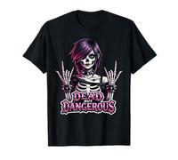 Dead But Dangerous Gothic Girl Rock'N Roll Punk Skeleton Maglietta