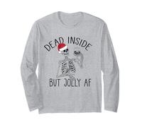 Dead Inside MA Jolly AF Funny Skeleton Wine Christmas Meme Maglia a Manica