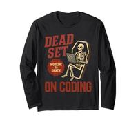 Dead Set on Coding Scheletro Divertente Programmatore Halloween Maglia a Manica