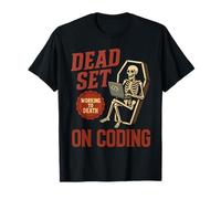 Dead Set on Coding Scheletro Divertente Programmatore Halloween Maglietta