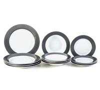Deagourmet Saturno Set Piatti da Tavola 12 Pezzi, Piatto Fondo, Piatto Piano E Piattino Per Frutta/Dessert In Porcellana Bianca con una Decorazione Nera a Intreccio sul Bordo dei Piatti