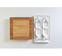 DEAGOURMET Servizio antipasto e aperitivo con tagliere in legno naturale e set 4 portate con vassoio in fine porcellana bianca