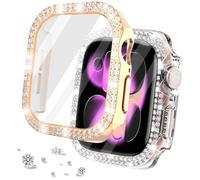 DEALELE Confezione da 2 custodie in vetro temperato compatibile con Apple Watch Series 10 (42 mm), custodia protettiva a doppia fila con diamanti e pellicola protettiva (42 mm, oro rosa + trasparente)
