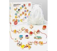 DealKits Montessori Legno Educativo - 42 Pezzi di Perline con Animali, Verdure, Veicoli - Giocattolo Motorio per Bambini 2 Anni