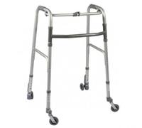 DEAMBULATORE FISSO PIEGHEVOLE CON DUE RUOTE PIROETTANTI E DUE RUOTE CON SISTEMA