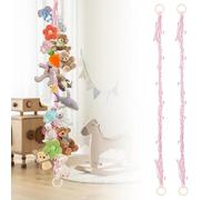 DEANKEJI 2 Pezzi Supporto per Animali di Peluche, 2m di Corda di Cotone Rete di Peluche, Porta Peluches Verticale con Anelli di Legno, Porta Peluches Rosa con 40 Clip per Riporre I Giocattoli, Foto