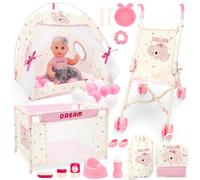 deAO Bambola Bebé Giocattolo Set, 5-in-1 Bambola Set 36cm Bambole con Carrozzina Lettino Zaino Tenda Borsa e Accessori Gioco di Ruolo per Bambine dai 3 Anni Role Play