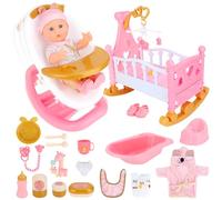 deAO Bambola con Accessori Set 21 Pezzi, Seggiolone per Bambole e Lettino per Bambole con Funzione a Dondolo, Bambola Baby da 12', Gioco di Ruolo Educativo, Regalo per Bambine 3 Anni