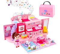 deAO Borsa a Mano Casa delle Bambole 2in1 Portatile con Luci e Suoni | 4 Stanze Arredate(Soggiorno,Cucina,Bagno,Camera), Include Bambola e Mobili, Serratura e Maniglia, Facile da Portare, 3+ Anni