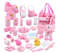 deAO Borsa da 40 accessori per bambole con cibo, vestiti, peluche, giocattoli da bagno, ciuccio e molto altro ancora - ottimo set per prendersi cura del bambino