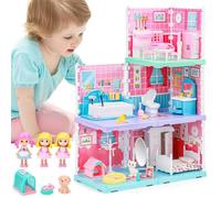 deAO Casa delle Bambole, 3 In 1 Casa dei Sogni con 3 Bambole, Playset Casa con mobili e Accessori, 3 Stanze di Gioco Princess Castello Regalo per Bambini 3-10