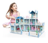 deAO Casa delle Bambole a 3 Piani con 6 Stanze, Set di Gioco Casa delle Bambole, Casa in Miniatura con Mobili e Scivoli, Scale, Recinzioni, Cagnolino e Bambole, Ottimo Regalo per Bambini