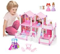 deAO Casa delle Bambole Piccola con 2 Bambole, Mobili e Accessori, Villa dei Sogni con 5 Stanze, 1 Terrazza e Giardino, Gioco Creativo per Bambine 3-8 Anni, Rosa