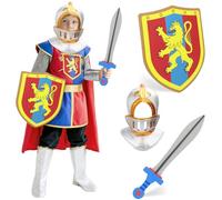 deAO Costume da Cavaliere Completo di Armatura, Elmo, Mantello, Spada Morbida, Scudo. Perfetto per Gioco di Ruolo, e Carnevale, Set di puntelli, Regalo per Bambini e Bambine di 3-5 Anni
