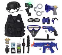 deAO Costume Poliziotto Bambini, Polizia Set di Giochi di Ruolo Bambini con Giubbotto Casco Granate Giocattolo Manette Walkie Talkie, Giocattoli della Polizia per Ragazzi Carnevale Halloween