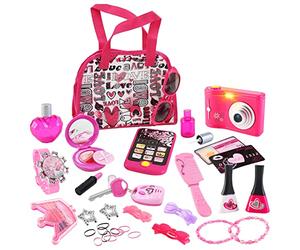 deAO Gioco di Bellezza Moda e Estilismo Set di Accessori Borsetta Fashion Include Il Trucco Artificiale Telefono e Fotocamera del Giocattolo con Luci e Suoni