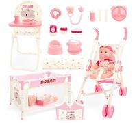 deAO Kit di Accessori di Bambole-Accessori per Passeggini, Sedie da Pranzo, Culle, Aacchi, Biberonne, Coperte,-con Bambole 30cm, Giochi di Ruolo Giocattoli, Regali per Ragazze di 3 Anni+,Bianco e Rosa