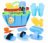 deAO Kit per La Cura dei Cavalli per Bambini 12 Pezzi con Borsa (Blu) | Set per la Toelettatura dei Cavalli: Zoccoli, Massaggiante, Morbida, Dura, Plastica, Criniera, Guanti, Gioco di Ruolo, 3+Anni