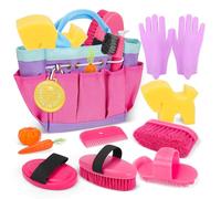 deAO Kit per La Cura dei Cavalli per Bambini 12 Pezzi con Borsa (Rosa) | Set per la Toelettatura dei Cavalli: Zoccoli, Massaggiante, Morbida, Dura, Plastica, Criniera, Guanti, Gioco di Ruolo, 3+Anni