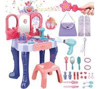 deAO Postazione Trucco Bambina con Specchio Magico e Sgabello, Toeletta Giocattolo con Luci e Suoni, Specchiera Principessa con Bacchetta Magica e Accessori da Trucco per Bambine(Blu)