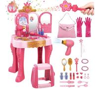 deAO Postazione Trucco Bambina con Specchio Magico e Sgabello, Toeletta Giocattolo con Luci e Suoni, Specchiera Principessa con Bacchetta Magica e Accessori da Trucco per Bambine