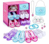 deAO Scarpe da Principessa con 4 Paia di Scarpe da Gioco, 1 Borsa e Accessori per Gioielli per Ragazze di età Compresa tra 3, 4, 5, 6, bracciali, collane, Orecchini e diadema a Corona, Regalo per