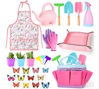 deAO Set di Attrezzi da Giardinaggio, per Bambini, inlcuso Pala Sicura, Rastrello,Forcella, Guanti, Grembiule, Annaffiatoio e Borsa in Tela, Kit per Il Giardinaggio Adatto a Ragazzi e Ragazze, Rosa