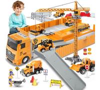 deAO Set di camion di costruzione con Camion Cargo, Bulldozer, Trattore, Carrello elevatore, Mixer, Escavatore, Gru e Camion Cassone - Grande Regalo
