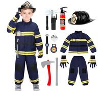 deAO Set di Costumi da America Pompiere con estintore, Cappelli, Walkie-talkie, Orologi, Bussole, Strumenti, Gioco di Ruolo per Bambini, Regali di compleanno, Halloween, Blu, Taglia 110 (3-4 anni)