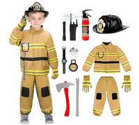 deAO Set di Costumi da America Pompiere con estintore, Cappelli, Walkie-talkie, Orologi, Bussole, Strumenti, Gioco di Ruolo per Bambini, Regali di compleanno, Halloween, Giallo, Taglia 100 (2-3 anni)