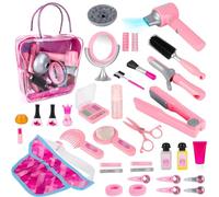 deAO Set di Salone di Bellezza per Bambine, 35 Pezzi Parrucchiere Simulazione Playset con Asciugacapelli, Ferro arricciacapelli e Altri Accessori, Kit di Trucco Simulato per Bambini