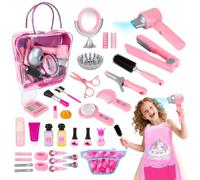deAO Set di Salone di Bellezza per Ragazze, 36 Pezzi Parrucchiere Simulazione per bambini con Asciugacapelli, Ferro arricciacapelli, Grembiule e Altri Accessori Kit di Trucco Simulato per Bambini