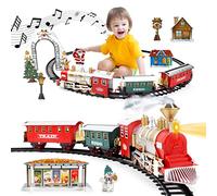 deAO Set di treni classici da 13 pezzi per bambini con auricolare, Smoke, Realistic Sounds, 3 Car Carriage and 11 Feet Track - Ottimo accessorio per bambini e decorazione di Natale (RED or GREEN)