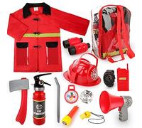 deAO Set di Vigile del Fuoco Gioco d'Imitazione per Bambini, Costume da Pompiere Bambini Include Giacca, 12 Accessori di Pompieri, Estintore con Funzione Acqua Reale e Zaino di Immagazzinaggio