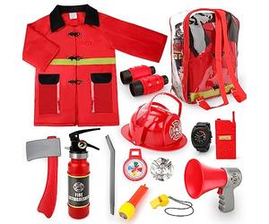 deAO Set di Vigile del Fuoco Gioco d'Imitazione per Bambini, Costume da Pompiere Bambini Include Giacca, 12 Accessori di Pompieri, Estintore con Funzione Acqua Reale e Zaino di Immagazzinaggio