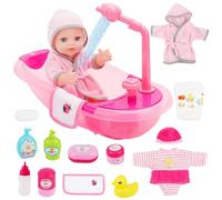 deAO Set Vasca da Bagno per Bambola, Bambola 30 cm Realistica con Doccia Funzionante, Accappatoio e Accessori Giocattolo Interattivo Educativo per Bambini 3+ Anni, Regalo per Bambina