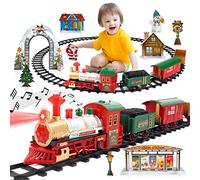 deAO Treno Classico con Luci e Suoni Set Natalizio di Binari | Trenino Elettrico per Bambini Locomotiva e 4 Carri Treno di Gioco Elettronico per Bambini Decorazioni Natalizie