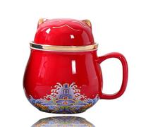 DEARART Bella tazza da tè con infusore e coperchio, tazza da infusore da 300ml facile da pulire Mantieni il tè caldo, tè a foglia sciolta ripida, caffè, latte, gatto carino, rosso