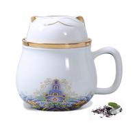 DEARART Bella tazza da tè con infusore e coperchio, tazza da infusore da 300ml facile da pulire Mantieni il tè caldo, tè a foglia sciolta ripida, caffè, latte, gatto carino, bianco