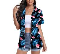 DEARCASE Maniche Corte delle Donne Button Down Hawaii Camicie Soft Cool Floral Tropic Print V-Neck Summer Beach Tops T-Shirt, Small Green Leaf Black