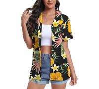 DEARCASE Maniche Corte delle Donne Button Down Hawaii Camicie Soft Cool Floral Tropic Print V-Neck Summer Beach Tops T-Shirt, Medium Yellow Flower Black