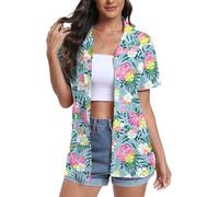 DEARCASE Maniche Corte delle Donne Button Down Hawaii Camicie Soft Cool Floral Tropic Print V-Neck Summer Beach Tops T-Shirt, X-Large White Pink Flower