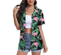 DEARCASE Maniche Corte delle Donne Button Down Hawaii Camicie Soft Cool Floral Tropic Print V-Neck Summer Beach Tops T-Shirt, 2X-Large Bird Black