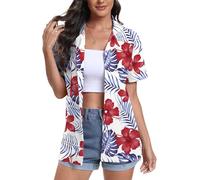 DEARCASE Maniche Corte delle Donne Button Down Hawaii Camicie Soft Cool Floral Tropic Print V-Neck Summer Beach Tops T-Shirt, Small Red Flower White